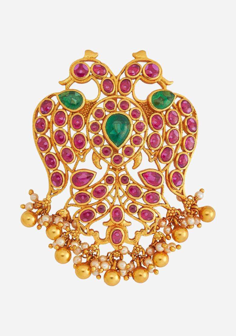 Gold-Plated 92.5 Pure Silver Stone Studded Peacock Pendant for Women | Traditional Temple Jewellery for Wedding & Festive Wear | Gift for Her - Indya