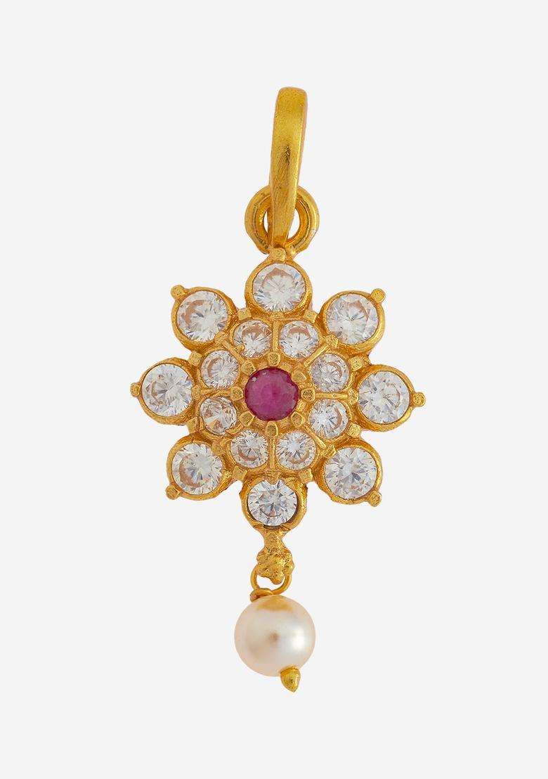 Gold-Plated Embellished Bridal 92.5 Silver CZ Floral Temple Pendant for Women | Traditional Temple Jewellery for Wedding & Festive Wear | Gift for Her - Indya