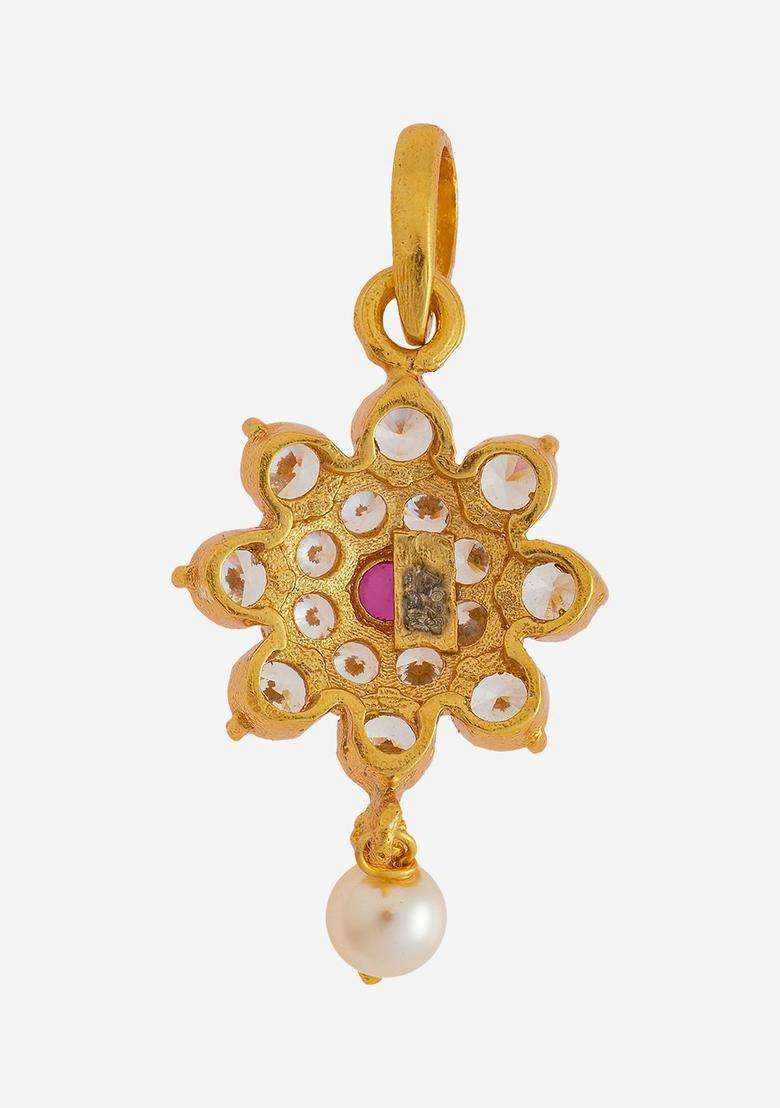 Gold-Plated Embellished Bridal 92.5 Silver CZ Floral Temple Pendant for Women | Traditional Temple Jewellery for Wedding & Festive Wear | Gift for Her - Indya