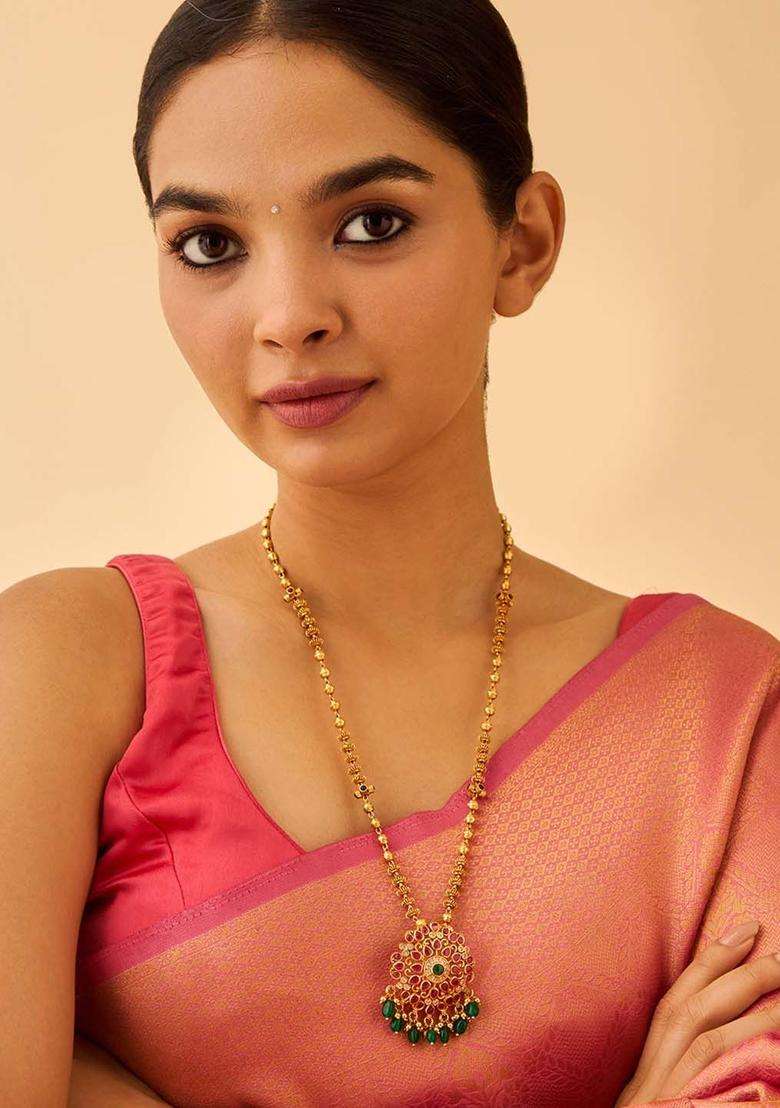 Embellished Bridal 92.5 Silver Gold-Plated Contemporary Pendant for Women | Traditional Temple Jewellery for Wedding & Festive Wear | Gift for Her - Indya