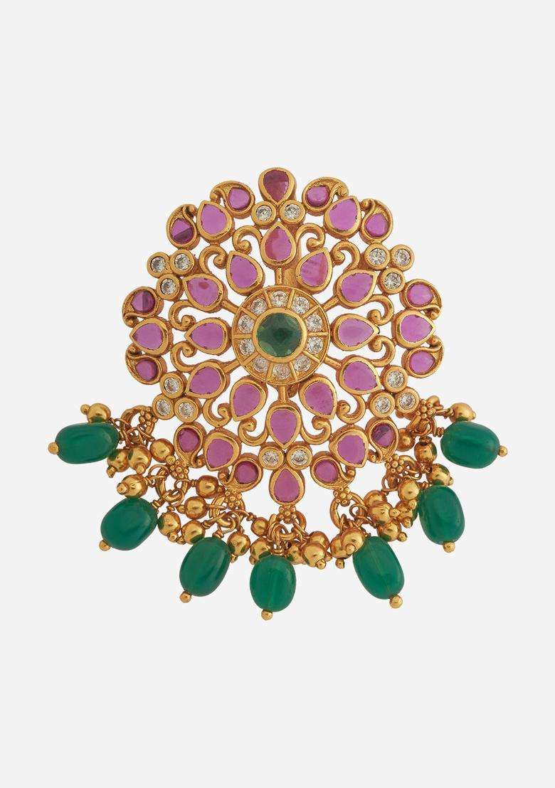 Embellished Bridal 92.5 Silver Gold-Plated Contemporary Pendant for Women | Traditional Temple Jewellery for Wedding & Festive Wear | Gift for Her - Indya