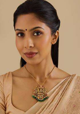 Green Gold-Plated 92.5 Pure Silver Artificial Stones Temple Pendants for Women | Traditional Temple Jewellery for Wedding & Festive Wear | Gift for Her