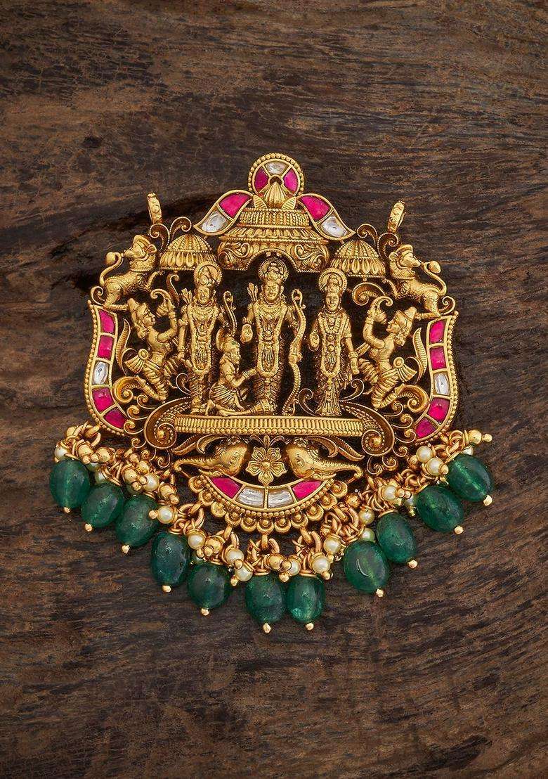 Green Gold-Plated 92.5 Pure Silver Artificial Stones Temple Pendants for Women | Traditional Temple Jewellery for Wedding & Festive Wear | Gift for Her - Indya
