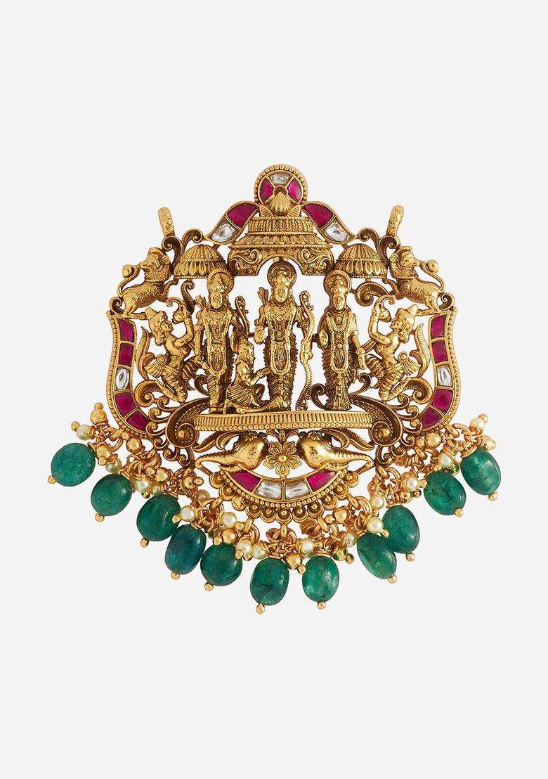Green Gold-Plated 92.5 Pure Silver Artificial Stones Temple Pendants for Women | Traditional Temple Jewellery for Wedding & Festive Wear | Gift for Her - Indya