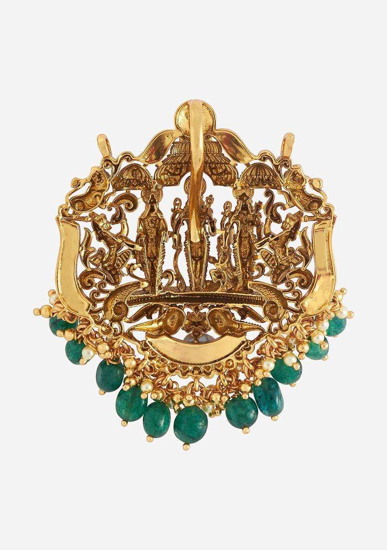 Green Gold-Plated 92.5 Pure Silver Artificial Stones Temple Pendants for Women | Traditional Temple Jewellery for Wedding & Festive Wear | Gift for Her - Indya