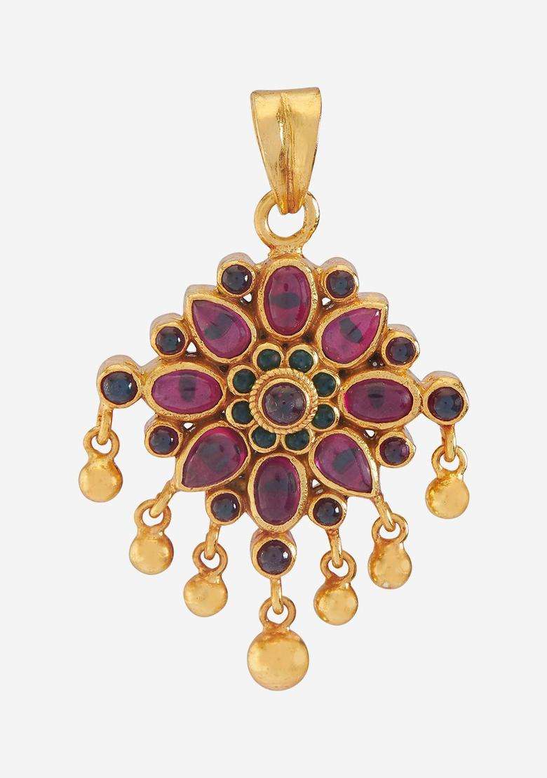 Embellished Bridal 92.5 Pure Silver Gold-Plated Floral Pendants for Women | Traditional Temple Jewellery for Wedding & Festive Wear | Gift for Her - Indya