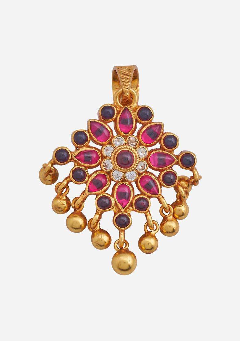 Gold-Plated Stones Studded & Beaded Floral 92.5 Pure Silver Temple Pendant for Women | Traditional Temple Jewellery for Wedding & Festive Wear | Gift for Her - Indya