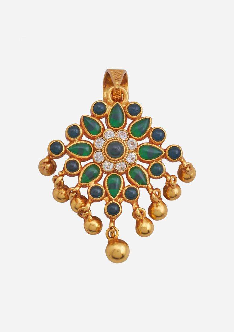 Gold-Plated Stones Studded & Beaded Floral 92.5 Pure Silver Temple Pendant for Women | Traditional Temple Jewellery for Wedding & Festive Wear | Gift for Her - Indya