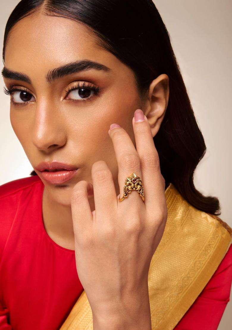 Gold-Plated Temple Stone-Studded Finger Ring for Women | Traditional Temple Jewellery for Wedding & Festive Wear | Gift for Her - Indya