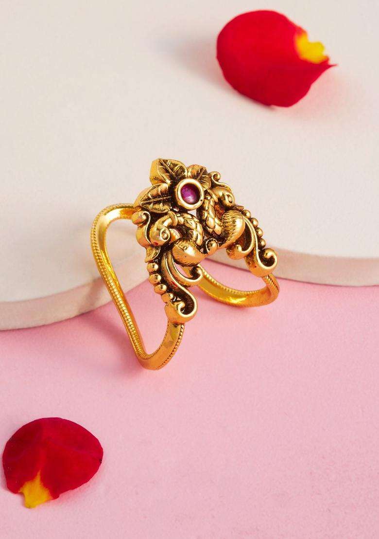 Gold-Plated Temple Stone-Studded Finger Ring for Women | Traditional Temple Jewellery for Wedding & Festive Wear | Gift for Her - Indya