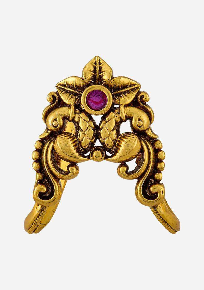 Gold-Plated Temple Stone-Studded Finger Ring for Women | Traditional Temple Jewellery for Wedding & Festive Wear | Gift for Her - Indya