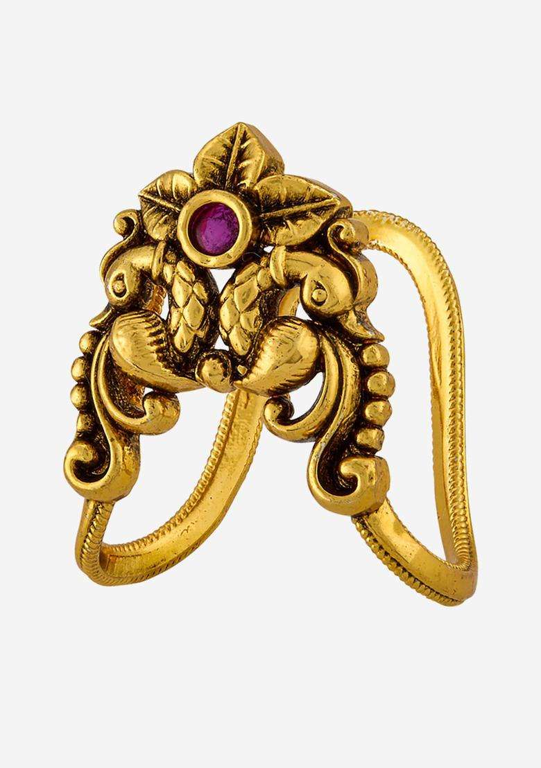 Gold-Plated Temple Stone-Studded Finger Ring for Women | Traditional Temple Jewellery for Wedding & Festive Wear | Gift for Her - Indya