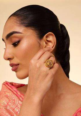 Gold-Plated Temple Stone-Studded Finger Ring for Women | Traditional Temple Jewellery for Wedding & Festive Wear | Gift for Her