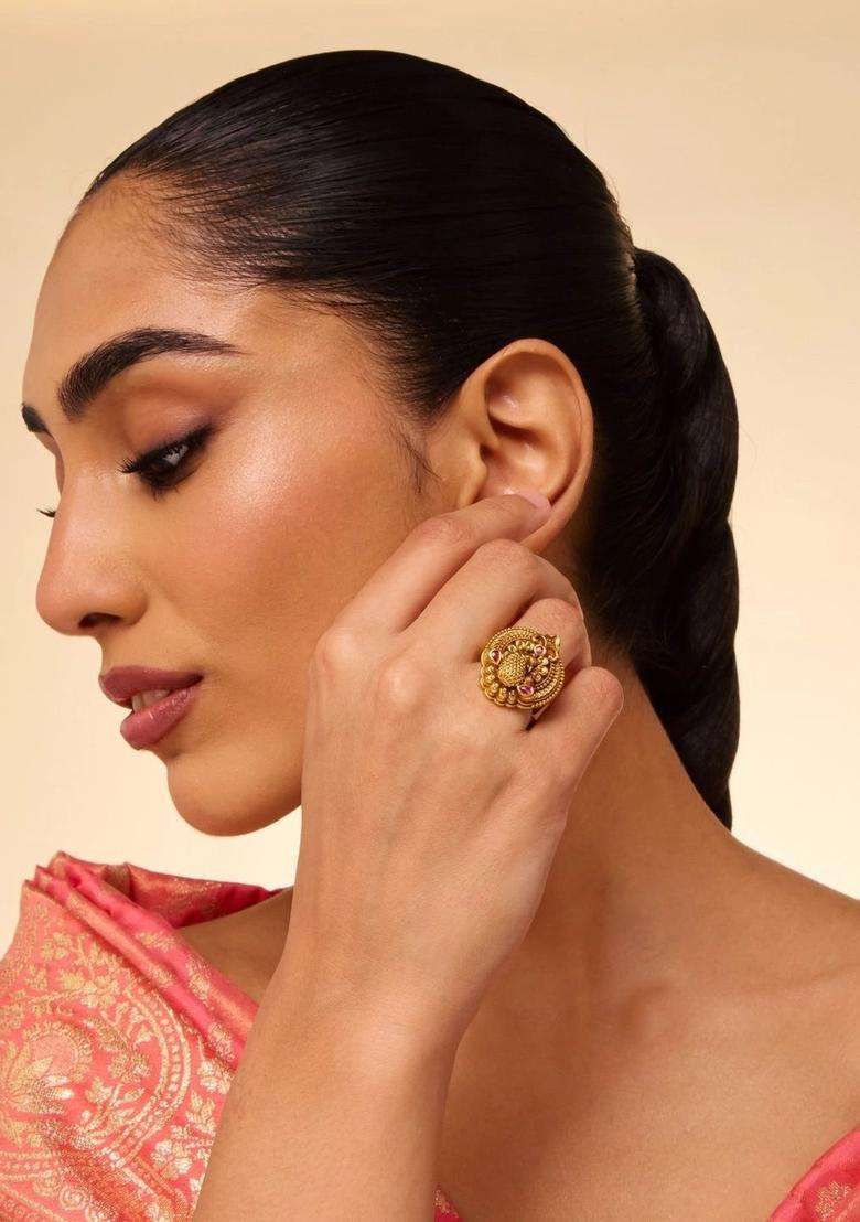 Gold-Plated Temple Stone-Studded Finger Ring for Women | Traditional Temple Jewellery for Wedding & Festive Wear | Gift for Her - Indya