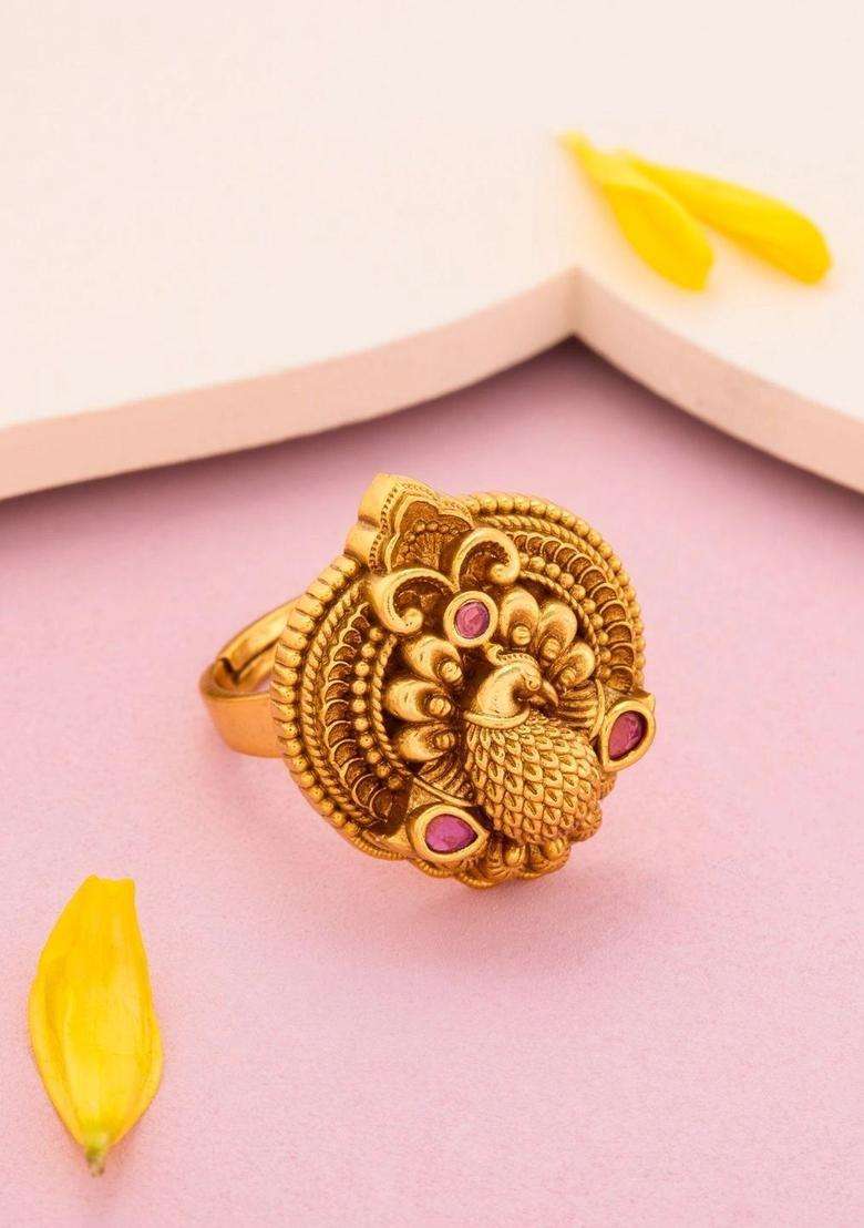 Gold-Plated Temple Stone-Studded Finger Ring for Women | Traditional Temple Jewellery for Wedding & Festive Wear | Gift for Her - Indya