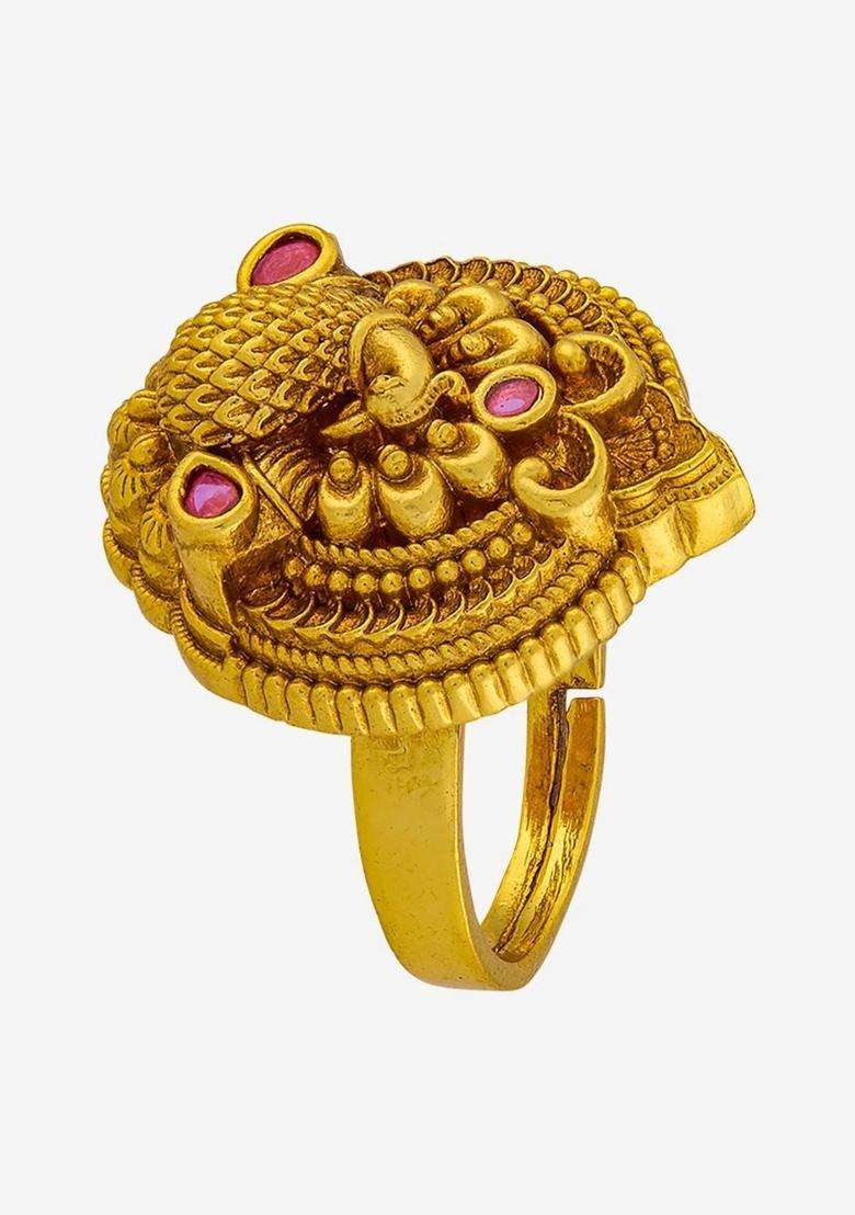 Gold-Plated Temple Stone-Studded Finger Ring for Women | Traditional Temple Jewellery for Wedding & Festive Wear | Gift for Her - Indya