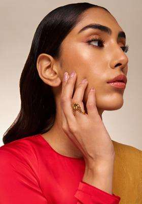 Gold-Plated Temple Stone-Studded Finger Ruby Ring for Women | Traditional Temple Jewellery for Wedding & Festive Wear | Gift for Her