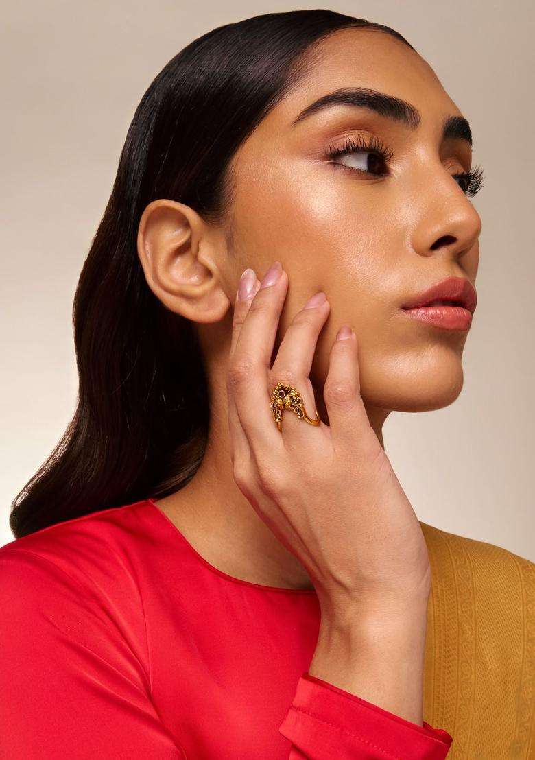 Gold-Plated Temple Stone-Studded Finger Ruby Ring for Women | Traditional Temple Jewellery for Wedding & Festive Wear | Gift for Her - Indya