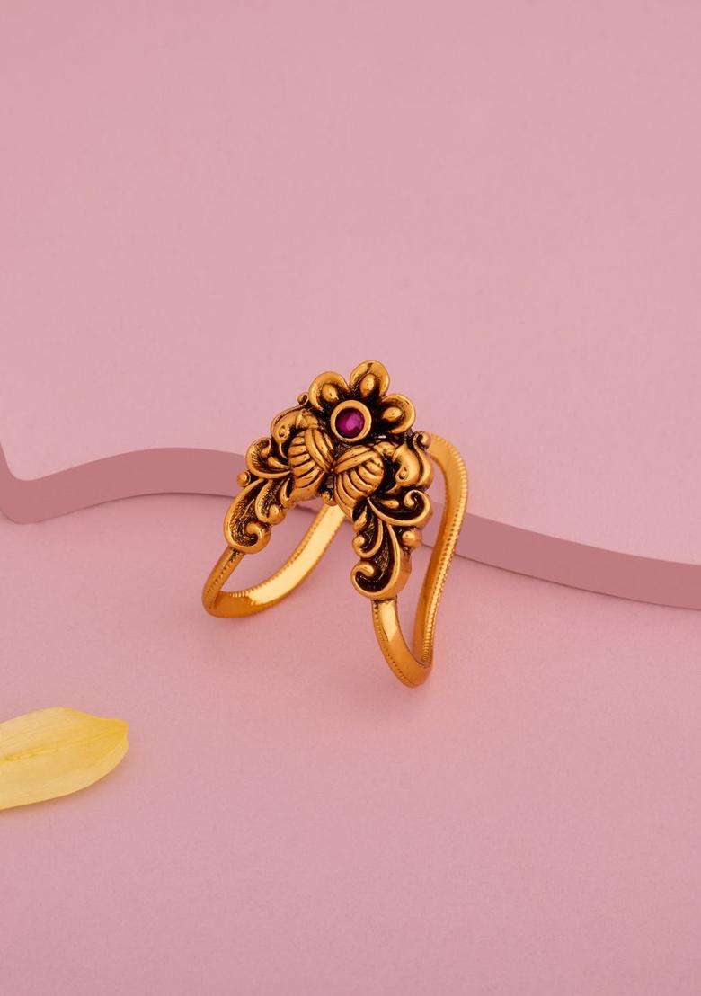 Gold-Plated Temple Stone-Studded Finger Ruby Ring for Women | Traditional Temple Jewellery for Wedding & Festive Wear | Gift for Her - Indya