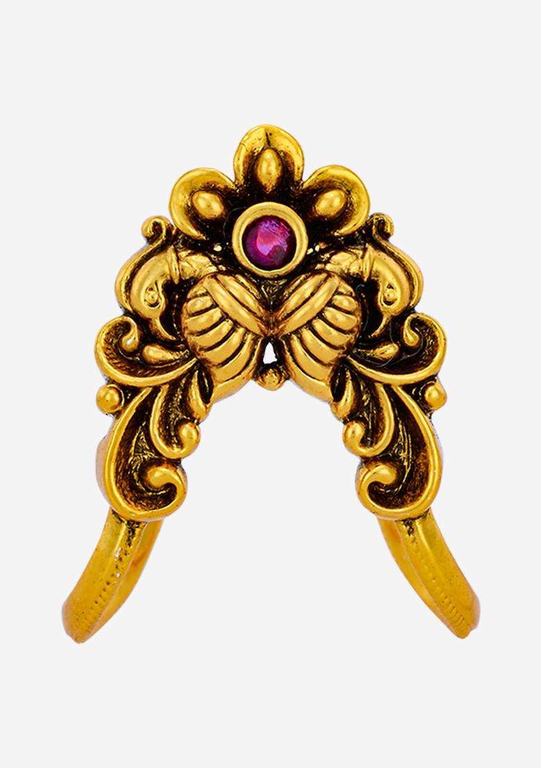 Gold-Plated Temple Stone-Studded Finger Ruby Ring for Women | Traditional Temple Jewellery for Wedding & Festive Wear | Gift for Her - Indya