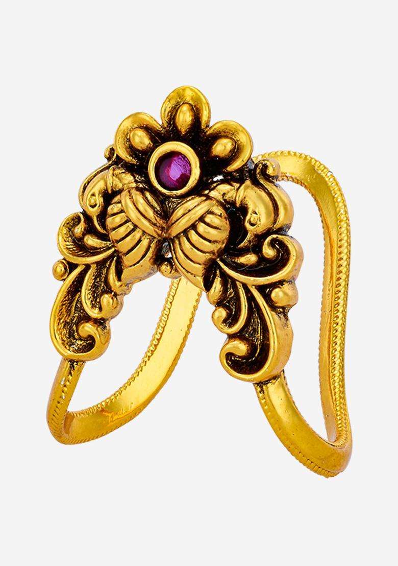 Gold-Plated Temple Stone-Studded Finger Ruby Ring for Women | Traditional Temple Jewellery for Wedding & Festive Wear | Gift for Her - Indya