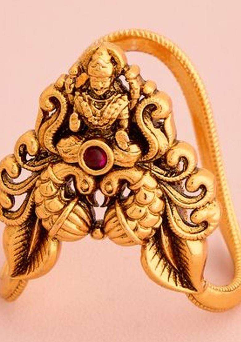 Gold-Plated Temple Stone-Studded Finger Ring for Women | Traditional Temple Jewellery for Wedding & Festive Wear | Gift for Her - Indya