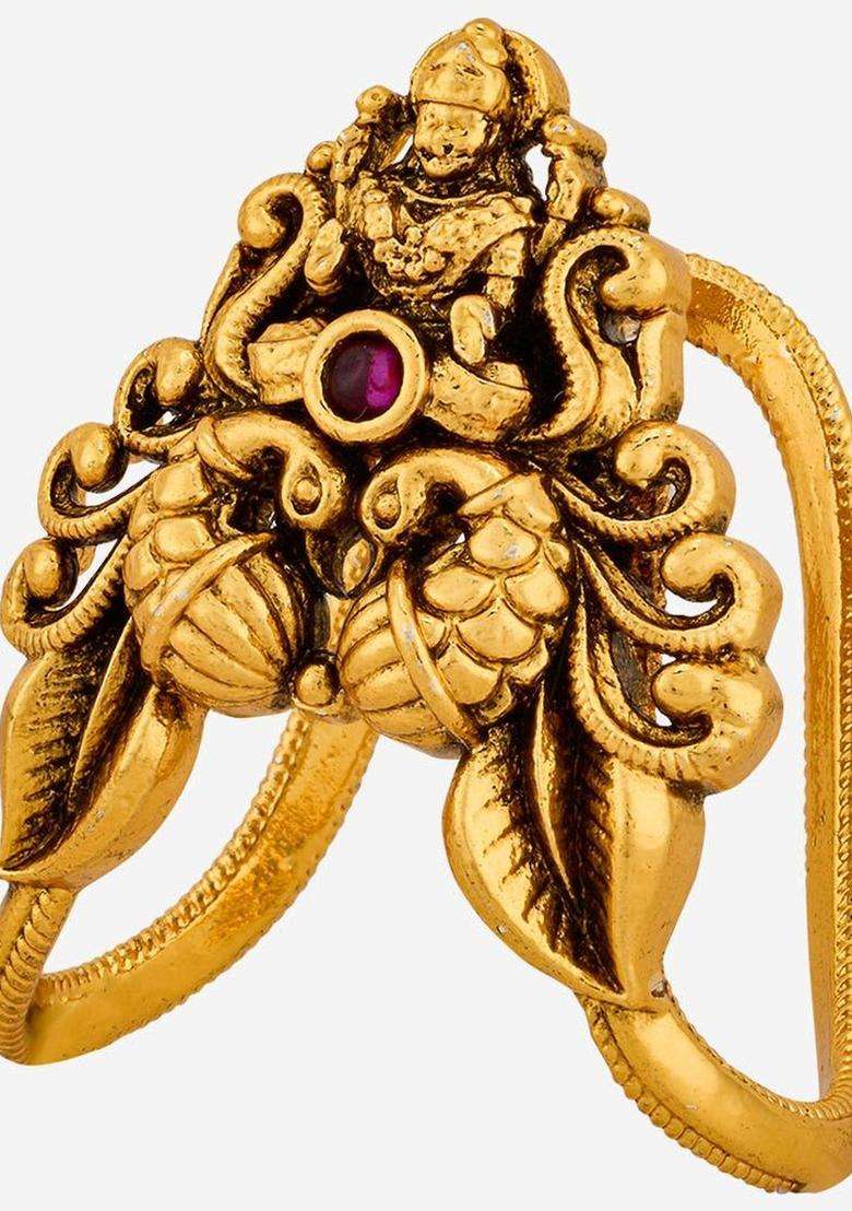 Gold-Plated Temple Stone-Studded Finger Ring for Women | Traditional Temple Jewellery for Wedding & Festive Wear | Gift for Her - Indya