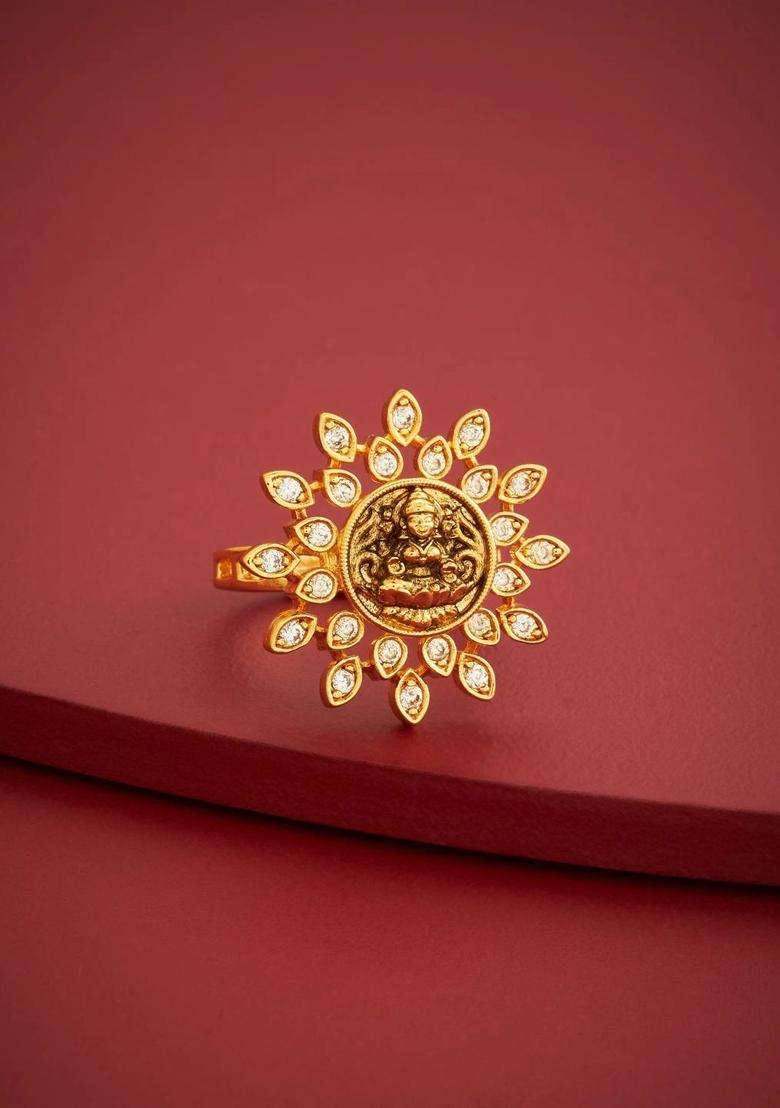 Gold-Plated Temple Cubic Zirconia Finger Ring for Women | Traditional Temple Jewellery for Wedding & Festive Wear | Gift for Her - Indya