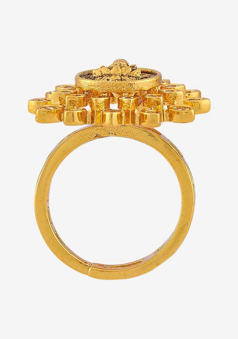 Gold-Plated Temple Cubic Zirconia Finger Ring for Women | Traditional Temple Jewellery for Wedding & Festive Wear | Gift for Her - Indya