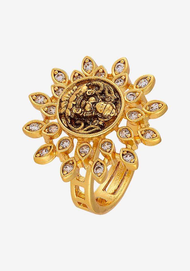 Gold-Plated Temple Cubic Zirconia Finger Ring for Women | Traditional Temple Jewellery for Wedding & Festive Wear | Gift for Her - Indya