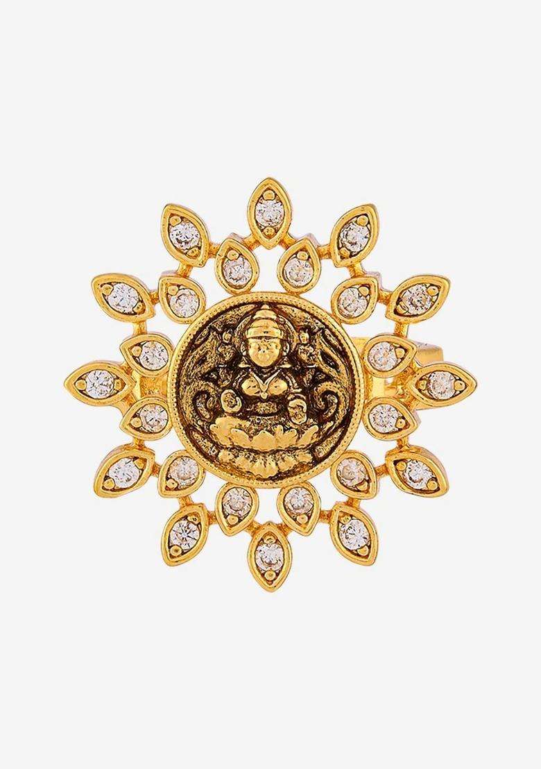 Gold-Plated Temple Cubic Zirconia Finger Ring for Women | Traditional Temple Jewellery for Wedding & Festive Wear | Gift for Her - Indya