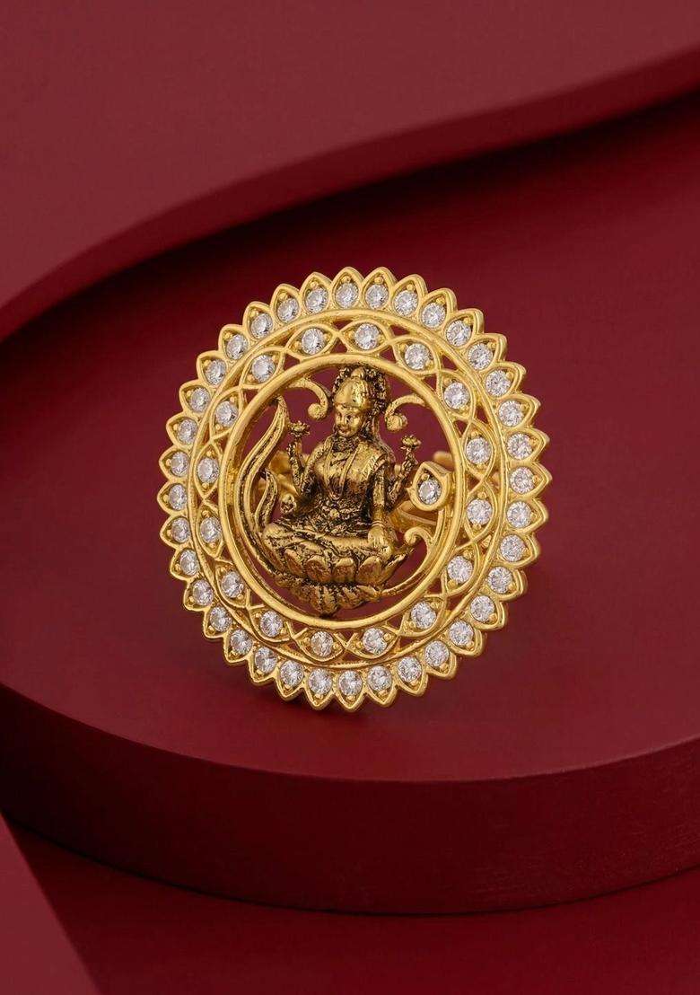 Gold-Plated Temple Cubic Zirconia Finger Ring for Women | Traditional Temple Jewellery for Wedding & Festive Wear | Gift for Her - Indya