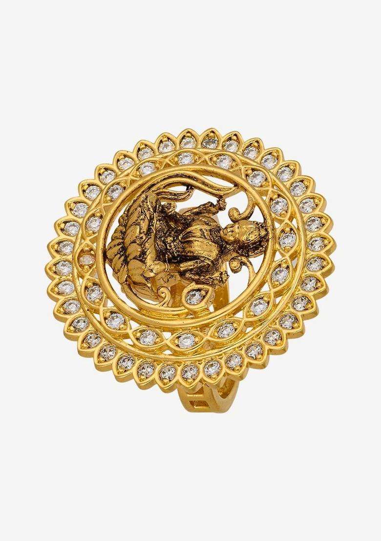 Gold-Plated Temple Cubic Zirconia Finger Ring for Women | Traditional Temple Jewellery for Wedding & Festive Wear | Gift for Her - Indya
