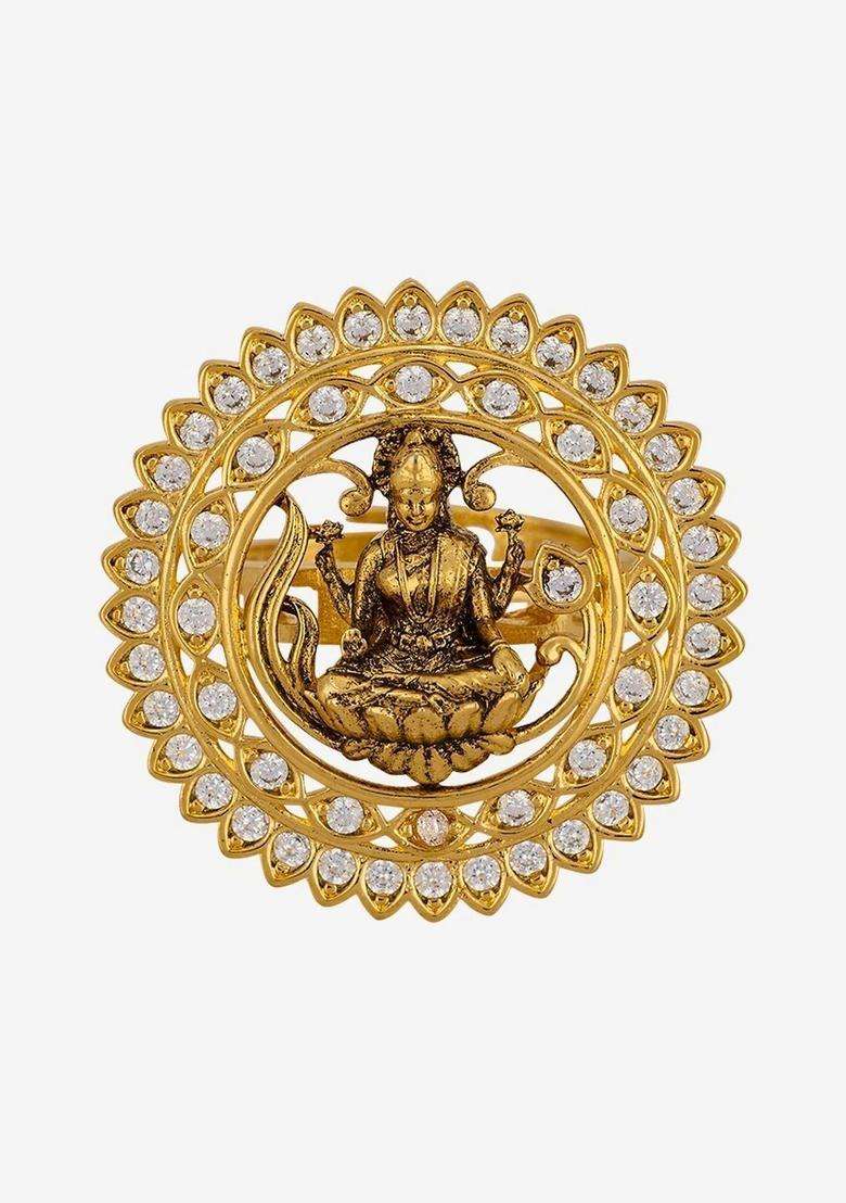 Gold-Plated Temple Cubic Zirconia Finger Ring for Women | Traditional Temple Jewellery for Wedding & Festive Wear | Gift for Her - Indya