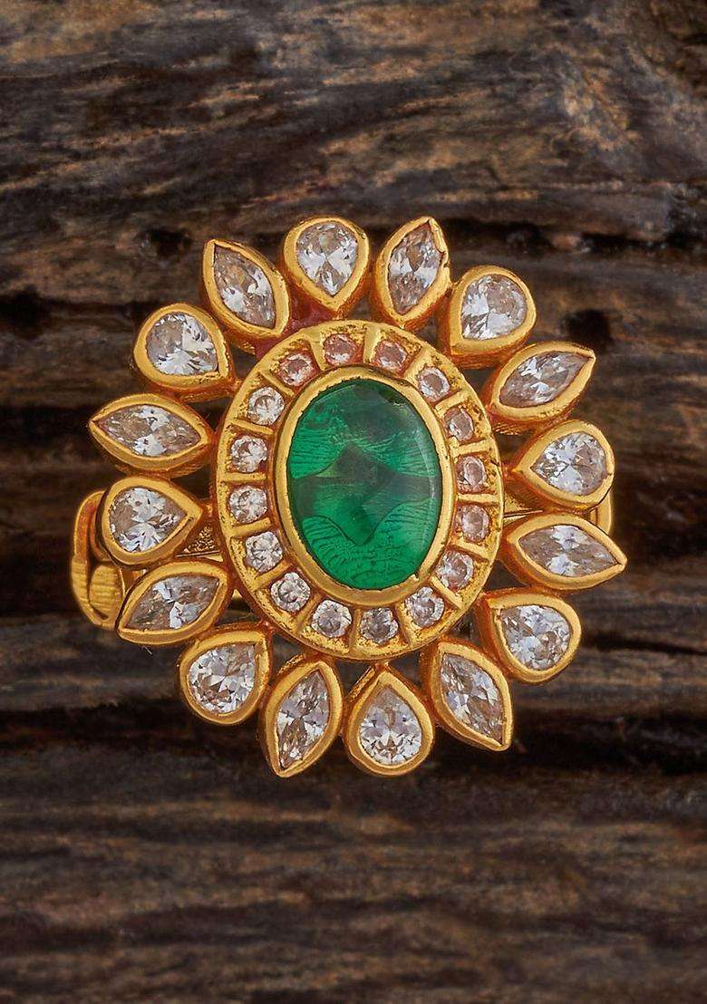 92.5 Pure Silver Gold-Plated Stone-Studded Finger Ring for Women | Traditional Temple Jewellery for Wedding & Festive Wear | Gift for Her - Indya