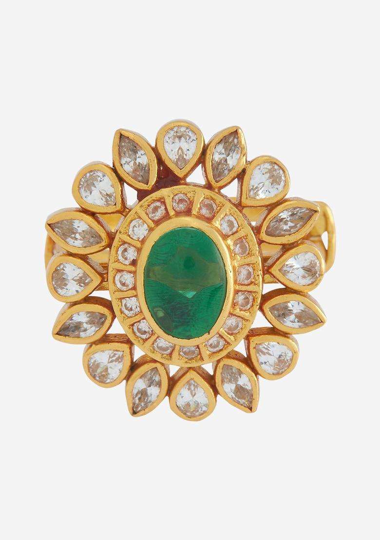 92.5 Pure Silver Gold-Plated Stone-Studded Finger Ring for Women | Traditional Temple Jewellery for Wedding & Festive Wear | Gift for Her - Indya