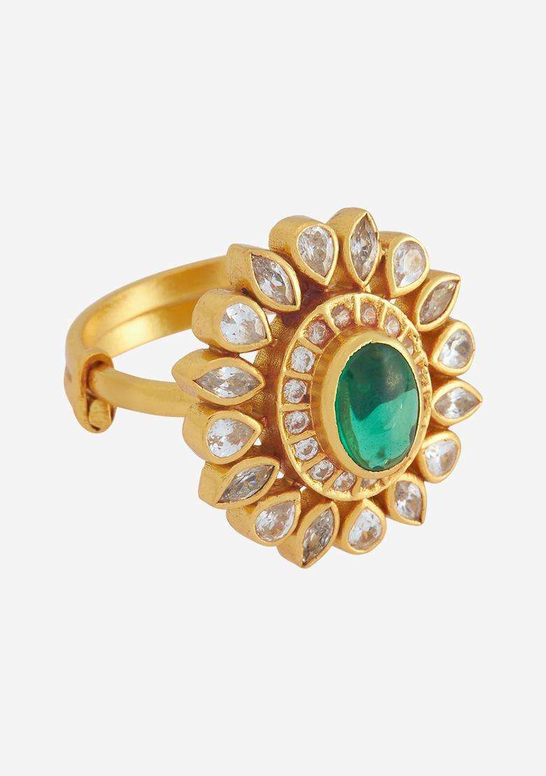 92.5 Pure Silver Gold-Plated Stone-Studded Finger Ring for Women | Traditional Temple Jewellery for Wedding & Festive Wear | Gift for Her - Indya