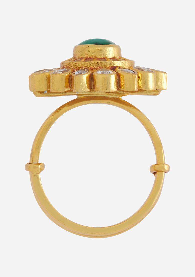 92.5 Pure Silver Gold-Plated Stone-Studded Finger Ring for Women | Traditional Temple Jewellery for Wedding & Festive Wear | Gift for Her - Indya