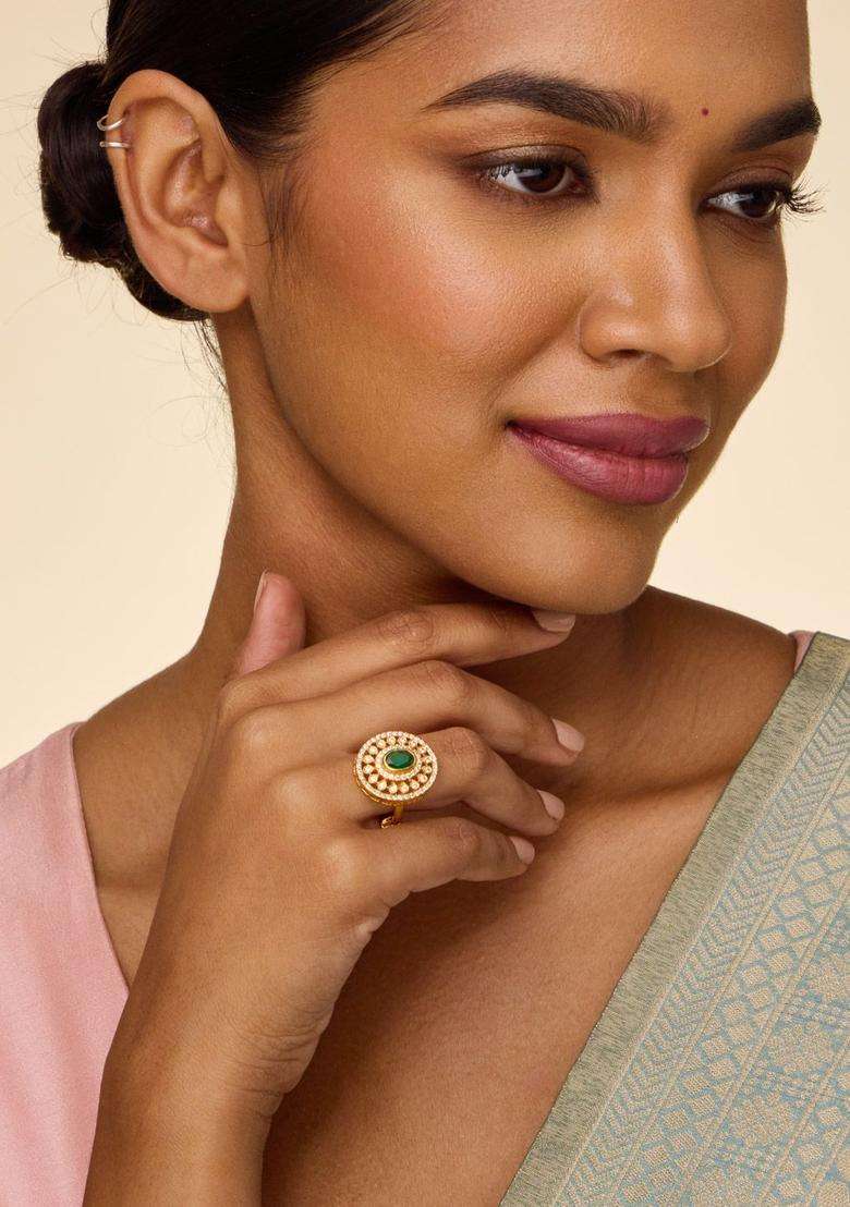 Gold-Plated Stone-Studded Finger Ring for Women | Traditional Temple Jewellery for Wedding & Festive Wear | Gift for Her - Indya