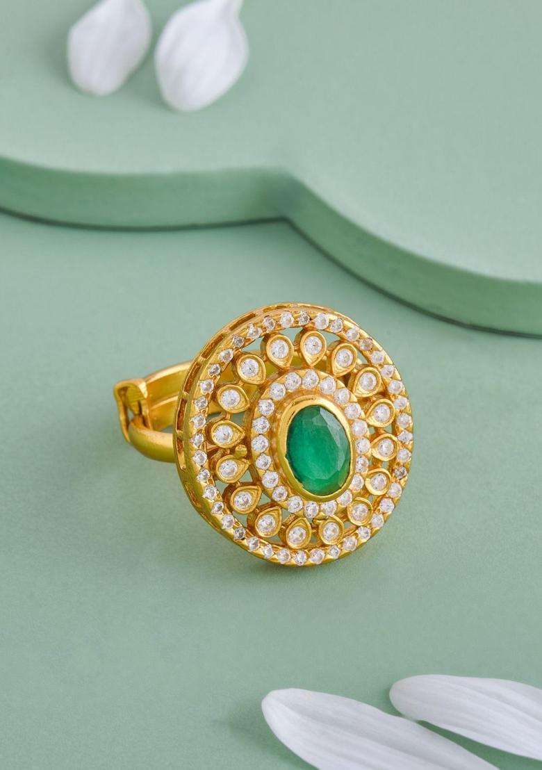 Gold-Plated Stone-Studded Finger Ring for Women | Traditional Temple Jewellery for Wedding & Festive Wear | Gift for Her - Indya
