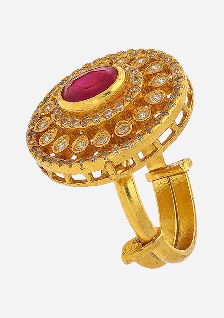 Gold-Plated Silver Stone-Studded Finger Ring for Women | Traditional Temple Jewellery for Wedding & Festive Wear | Gift for Her - Indya