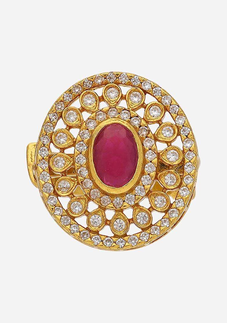 Gold-Plated Silver Stone-Studded Finger Ring for Women | Traditional Temple Jewellery for Wedding & Festive Wear | Gift for Her - Indya
