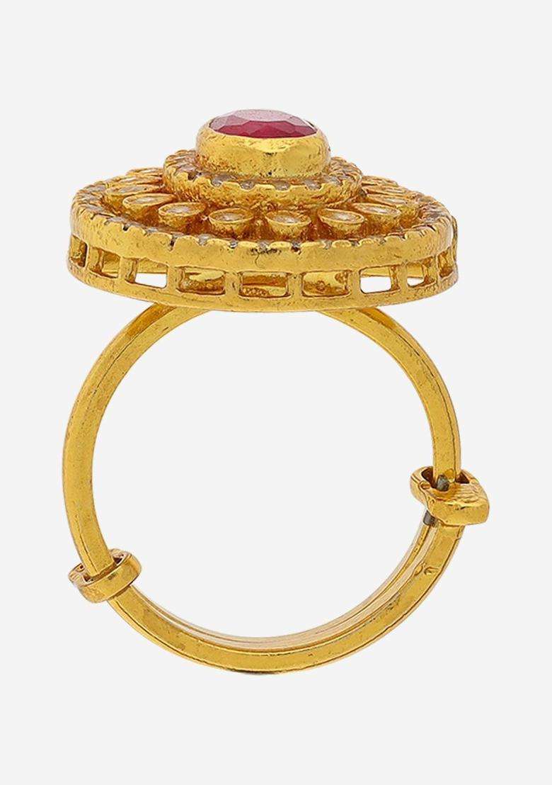 Gold-Plated Silver Stone-Studded Finger Ring for Women | Traditional Temple Jewellery for Wedding & Festive Wear | Gift for Her - Indya