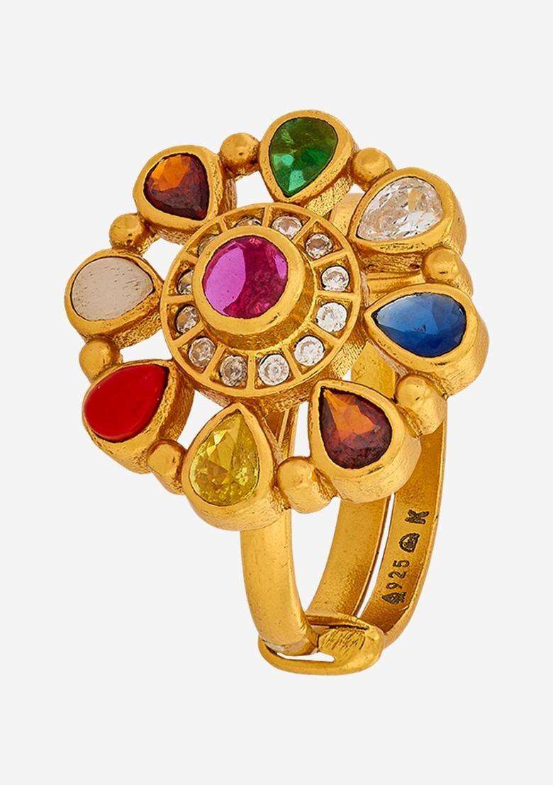 Gold-Plated Stone-Studded Finger Ring for Women | Traditional Temple Jewellery for Wedding & Festive Wear | Gift for Her - Indya