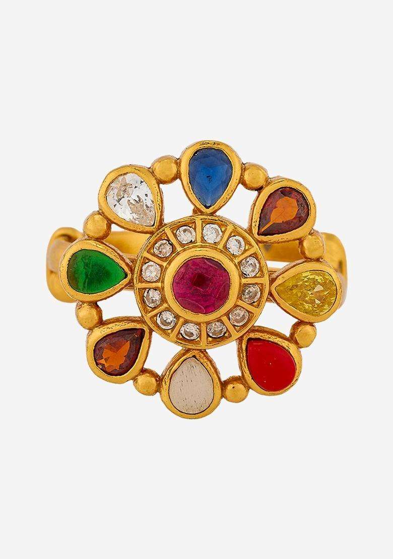 Gold-Plated Stone-Studded Finger Ring for Women | Traditional Temple Jewellery for Wedding & Festive Wear | Gift for Her - Indya