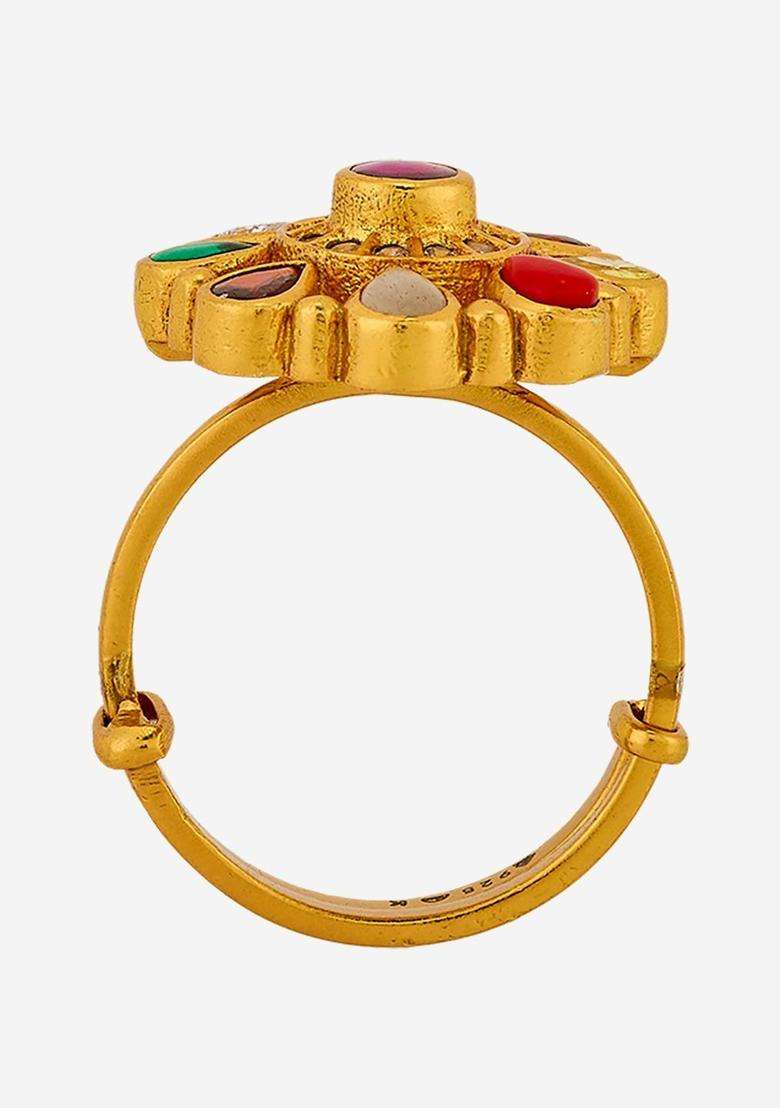 Gold-Plated Stone-Studded Finger Ring for Women | Traditional Temple Jewellery for Wedding & Festive Wear | Gift for Her - Indya