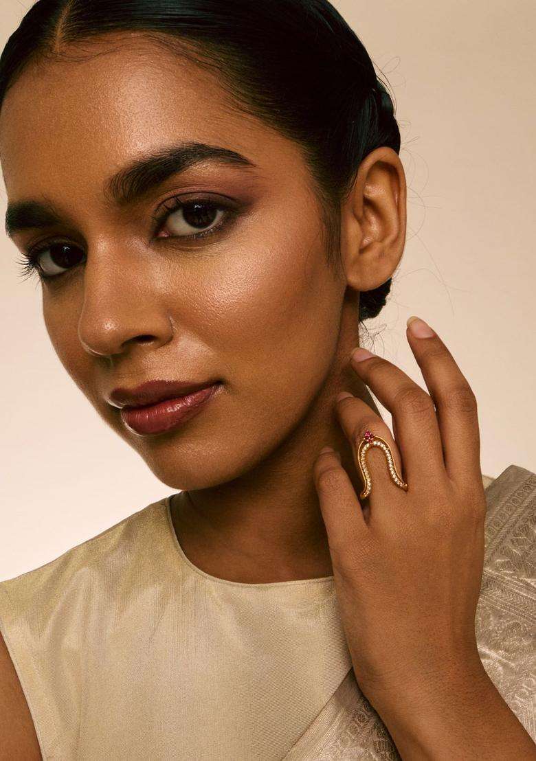 Ruby Gold-Plated Ethnic 92.5 Silver Temple Finger Ring for Women | Traditional Temple Jewellery for Wedding & Festive Wear | Gift for Her - Indya