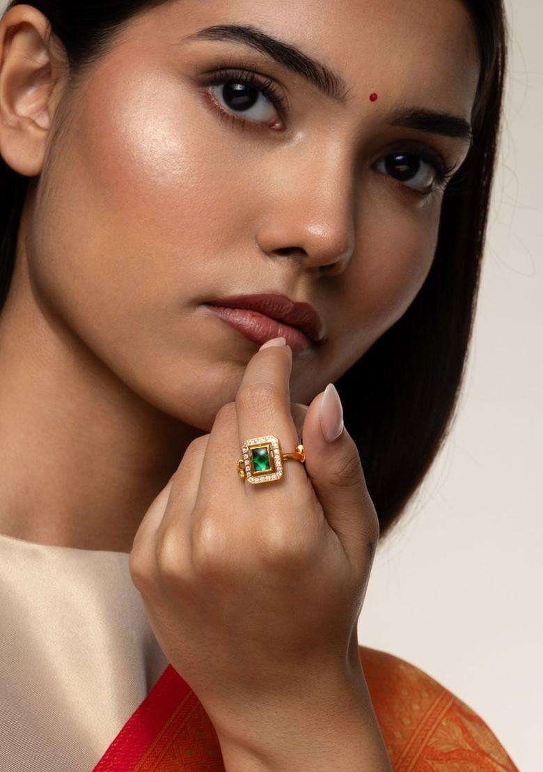 Gold-Plated Stone-Studded Finger Ring for Women | Traditional Temple Jewellery for Wedding & Festive Wear | Gift for Her - Indya