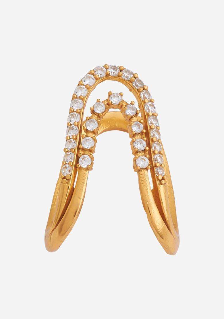 92.5 Pure Silver Gold-Plated Stone Studded Temple Finger Ring for Women | Traditional Temple Jewellery for Wedding & Festive Wear | Gift for Her - Indya