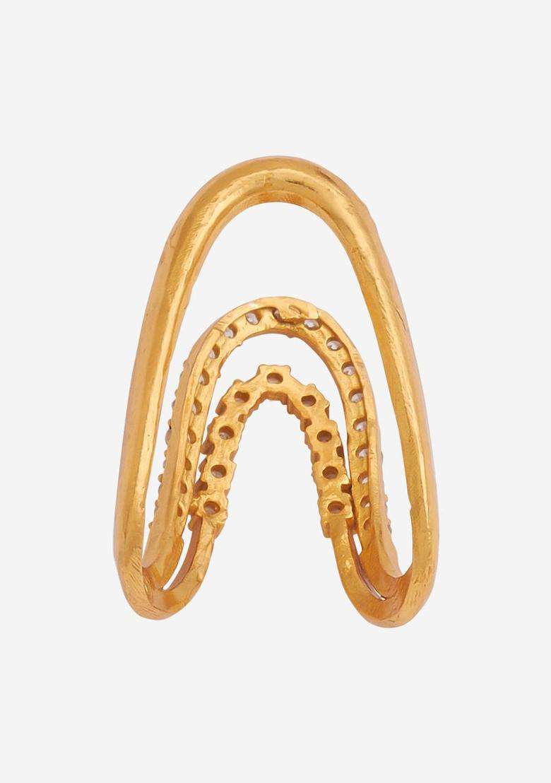 92.5 Pure Silver Gold-Plated Stone Studded Temple Finger Ring for Women | Traditional Temple Jewellery for Wedding & Festive Wear | Gift for Her - Indya